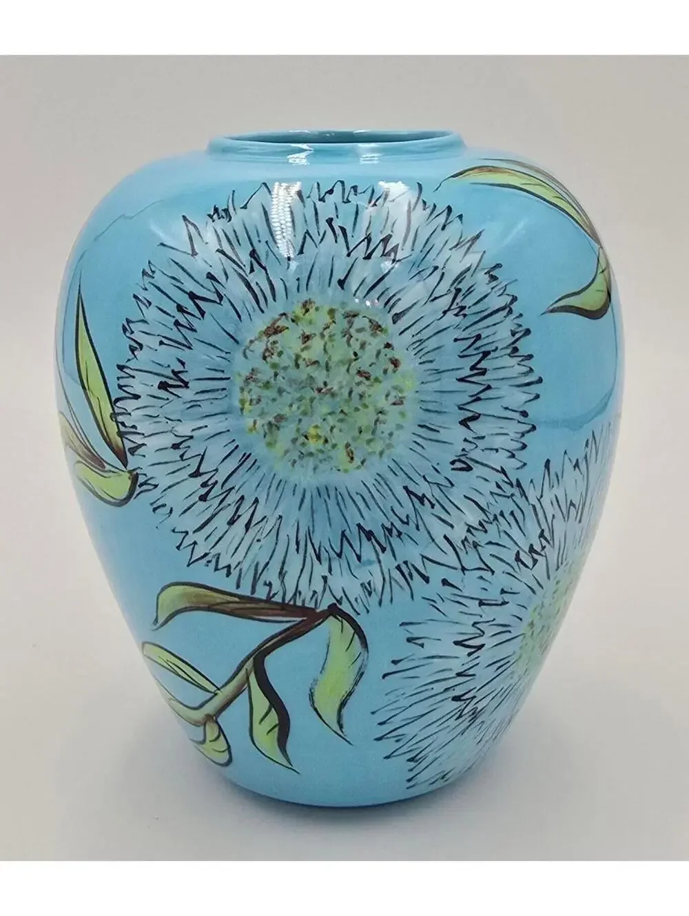 Vintage Hand Painted Turquoise Ceramic Floral Vase Modern Art Pottery Decor